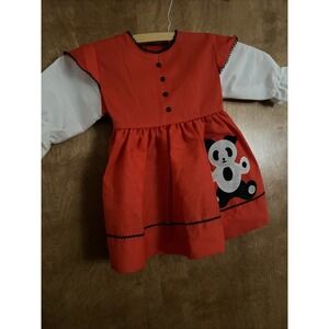 Vintage Girls Kate Greenaway Frock Garden Party Dress Size 3T Panda Red Tie Back
